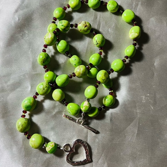 Green Turquoise Silver Heart Toggle Necklace + Clear Quartz-Garnet Necklace - Picture 7 of 7
